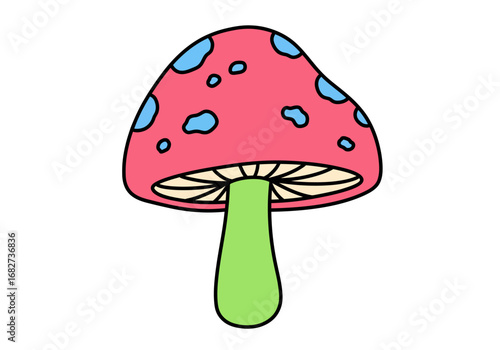 Colorful cartoon mushroom with pink cap blue spots green stem  tan gills