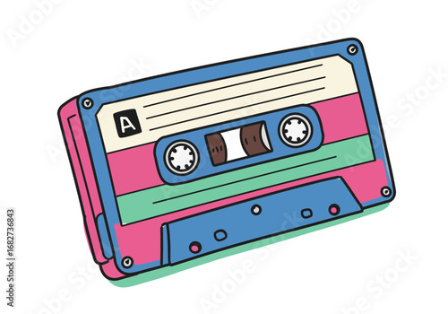 Colorful cassette tape showing reels and play holes