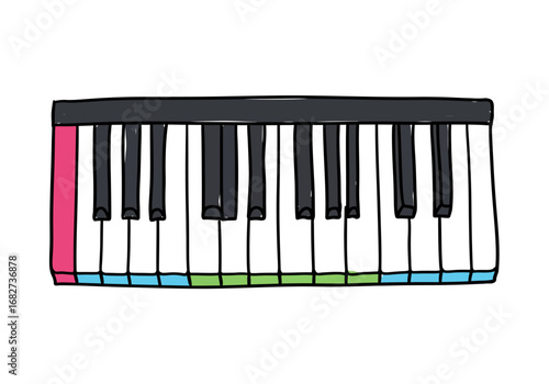 Colorful stylized illustration of a piano keyboard with alternating black and white keys with vibrant base colors
