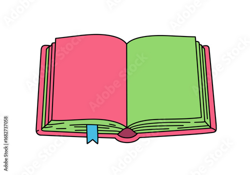 Open book with pink left page green right page and blue bookmark