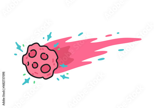 Pink asteroid with a flaming tail streaks across a white background emitting blue and green sparks