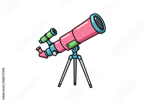 Pink telescope with blue  green accents is mounted on a grey tripod ready for stargazing