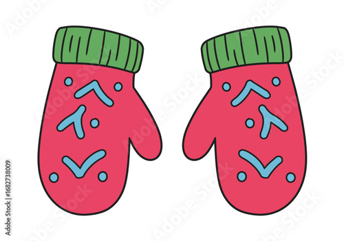 Two red mittens with green cuffs and blue chevron and dot patterns
