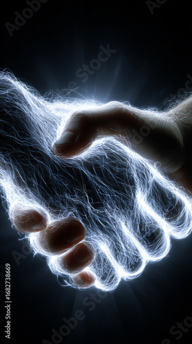 A modern digital handshake formed by glowing blue lines and energy streams, symbolizing trust, partnership, technology, and futuristic business collaboration in a connected digital world.