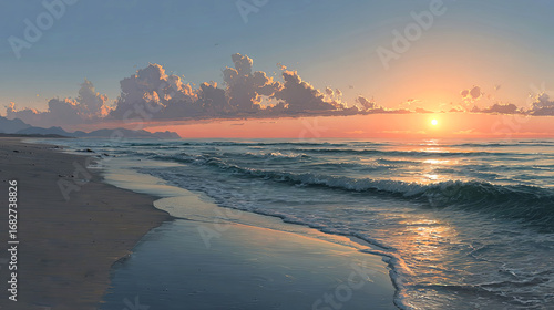 Wallpaper Mural Serene beach landscape at sunset, with gentle waves lapping against the shore, vibrant clouds reflecting warm colors, creating a tranquil coastal atmosphere Torontodigital.ca