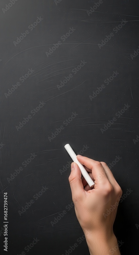 Fototapeta premium Hand holding white chalk against a dark textured chalkboard blackboard writing
