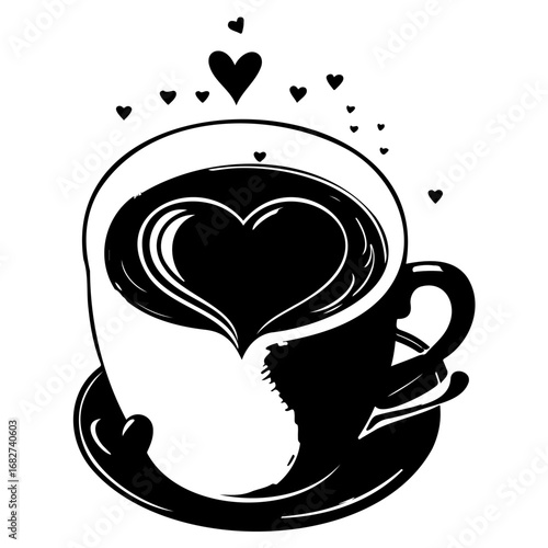 Monochrome Coffee Cup Illustration with Heart-Shaped Design Conveying Affection and Warm Beverage