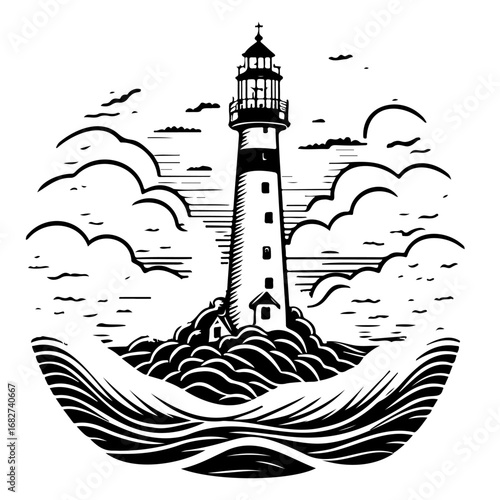 Monochrome depiction of a coastal lighthouse against a cloudy sky and surging wave formation
