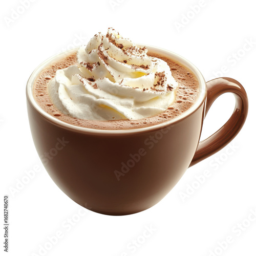 Warm and inviting hot chocolate with whipped cream and chocolate shavings in a brown mug perfect for a cozy winter treat and holiday celebrations on transparent background