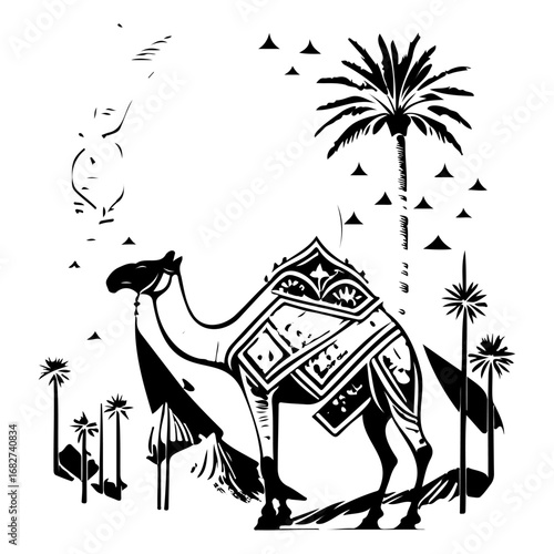 Monochrome desert scene of a camel amidst stylized palm trees evokes a timeless journey of