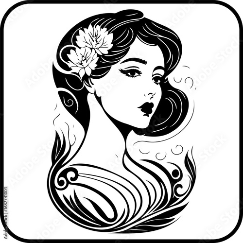 Monochrome elegance: a stylized depiction of feminine beauty with floral accents evokes classical