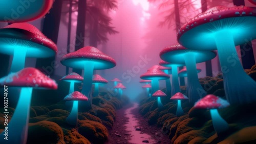 Bioluminescent Mushrooms Pulsating on Mossy Forest Path