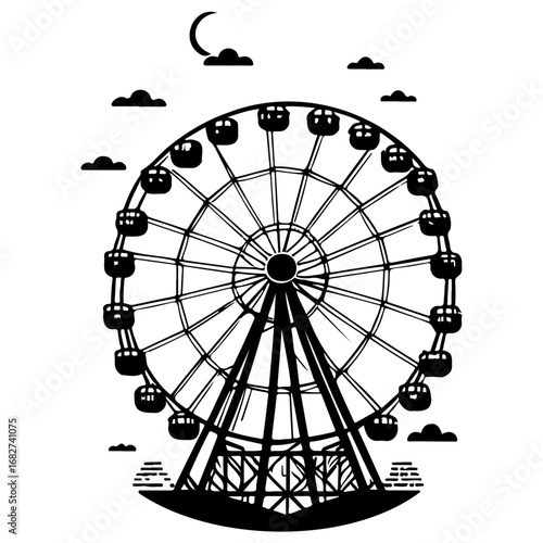 Monochrome Ferris Wheel Silhouette Against a Night Sky Evoking Nostalgia and Urban Entertainment