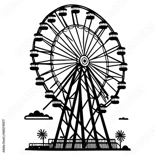 Monochrome Ferris Wheel Silhouette against White Backdrop evoking nostalgic feelings of classic