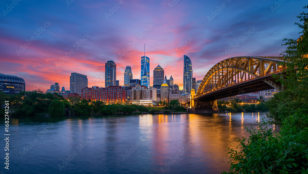Naklejka premium Vibrant City Skyline Against a Beautiful Sunset Sky