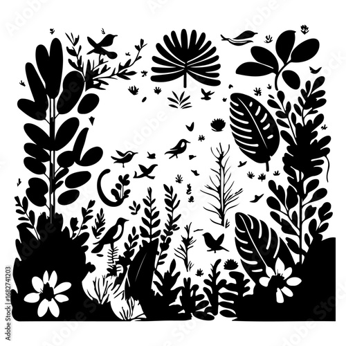 Monochrome flora aviary artwork features abstracted birds foliage creating calm harmonious natural