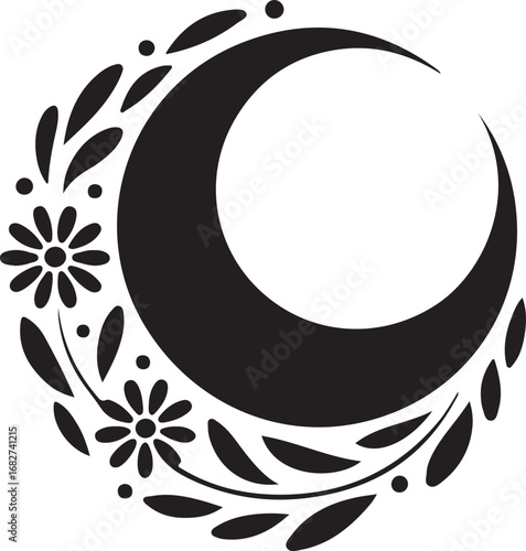 Floral crescent moon silhouette vector isolated on a white background