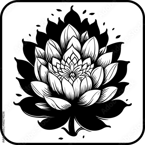 Monochrome floral design displaying intricate layers of petals in stylized lotus blossom artwork