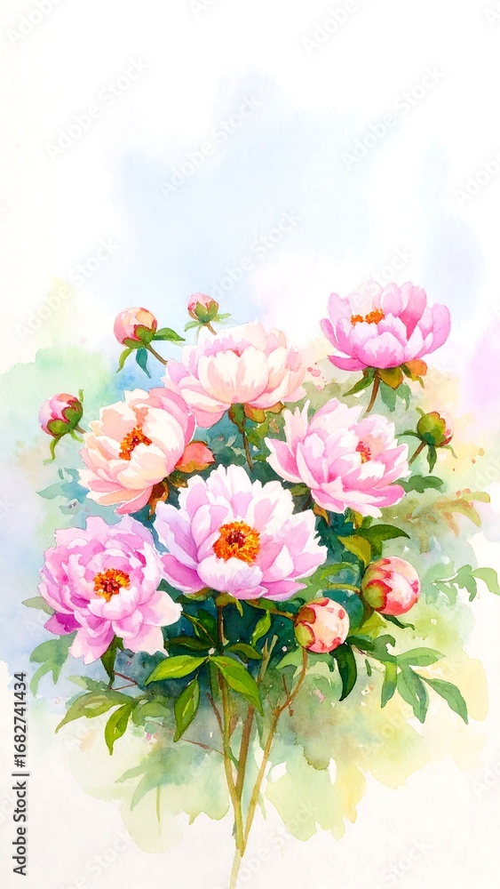 Fototapeta premium Watercolor painting of peonies in soft pinks and light greens