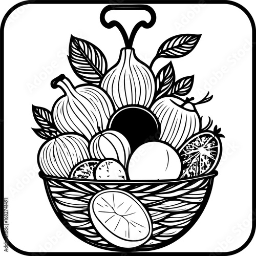 Monochrome fruit basket illustration showcasing bountiful harvest filled with diverse ripe fruits