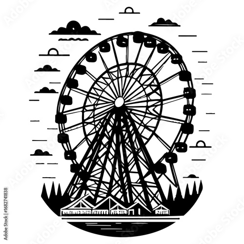 Monochrome illustration of a towering ferris wheel against a backdrop of stylized clouds and