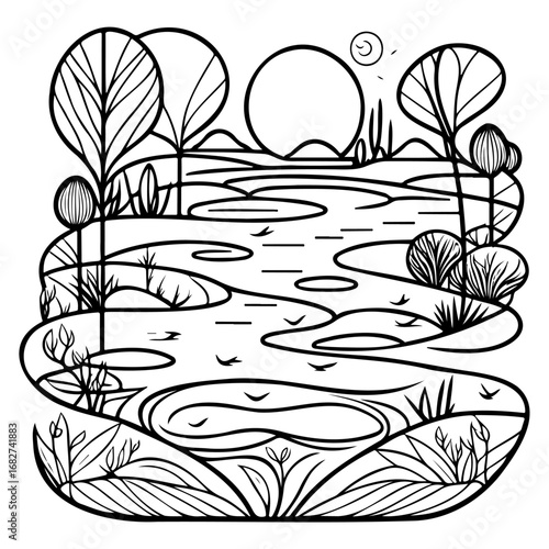 Monochrome illustration showcases a serene landscape with winding river stylized trees and distant