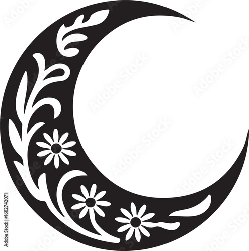 Floral crescent moon silhouette vector isolated on a white background