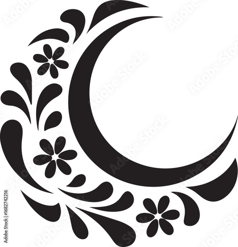Floral crescent moon silhouette vector isolated on a white background