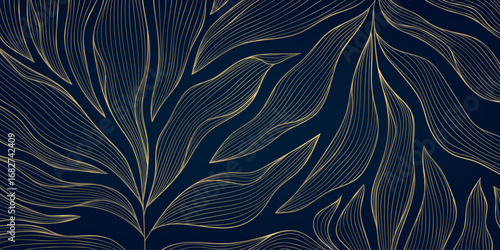 Vector art deco leaf line golden background, plant floral luxury abstract texture, elegant linear fancy dark wallpaper. Nouveau foliage pattern, garden print.