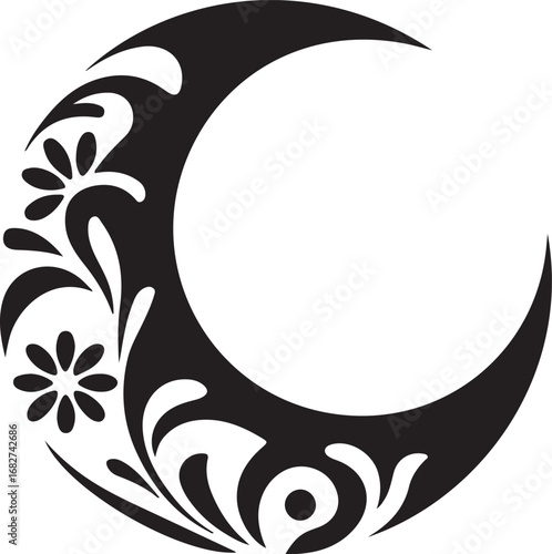 Floral crescent moon silhouette vector isolated on a white background