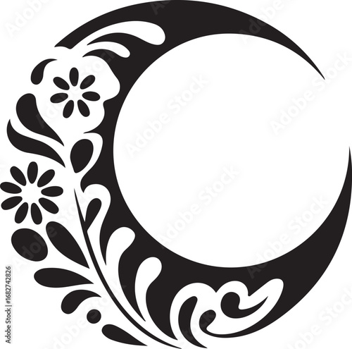 Floral crescent moon silhouette vector isolated on a white background