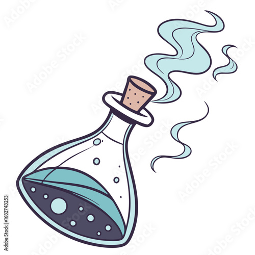 Cartoon Potion Bottle with Blue Liquid and Cork Stopper.