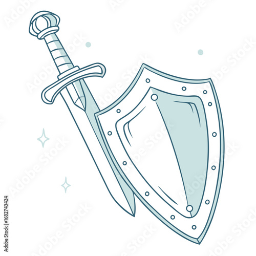 Cartoon Style Sword and Shield Illustration with Light Blue Fill and Classic Design.