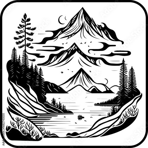 Monochrome mountain vista with reflective lake surrounded by trees offering peaceful scenery