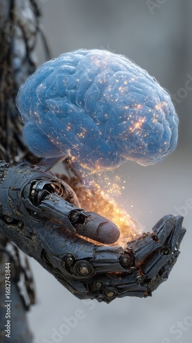 Robotic Hand Holding Glowing Brain Artificial Intelligence Concept
