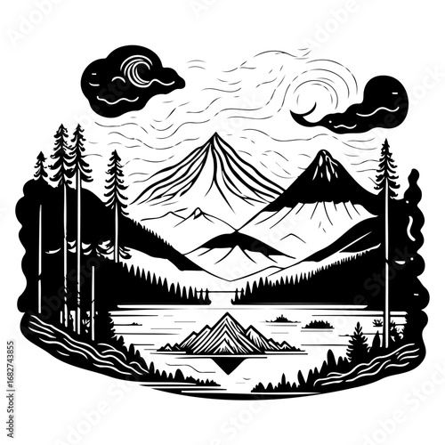Monochrome mountainous landscape with reflective lake illustration featuring stylized clouds and