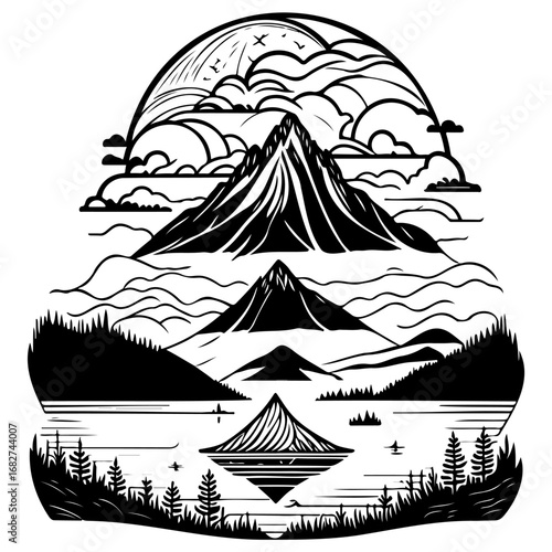 Monochrome mountainscape graphic with layered peaks forest lake and sky representing outdoor