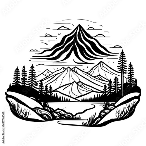 Monochrome mountainscape illustration showcasing nature's splendor with jagged peaks and serene