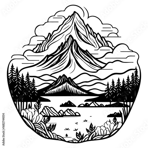 Monochrome mountainscape outline nestled within an organic frame showcasing nature's grand design