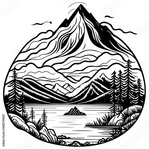 Monochrome mountainscape reflecting in calm lake offering tranquility and serenity in minimalist