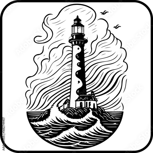 Monochrome nautical lighthouse beacon vector illustration against stormy sea and sky symbolizing