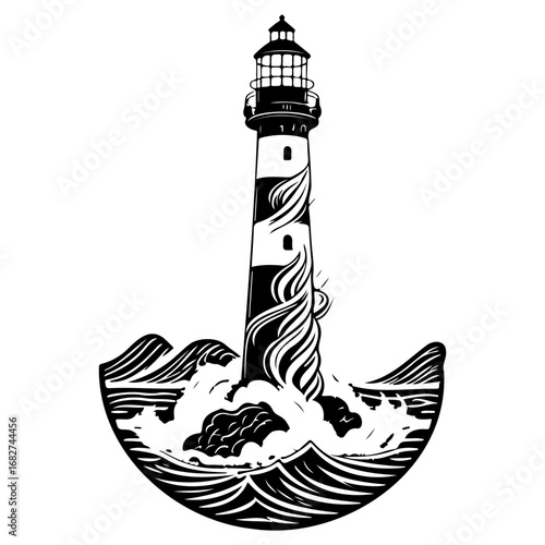 Monochrome nautical scene: A towering lighthouse stands vigilant against a crashing wave