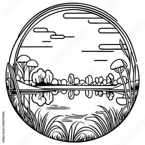 Monochrome round frame illustration featuring serene reflective lake with natural riparian bank