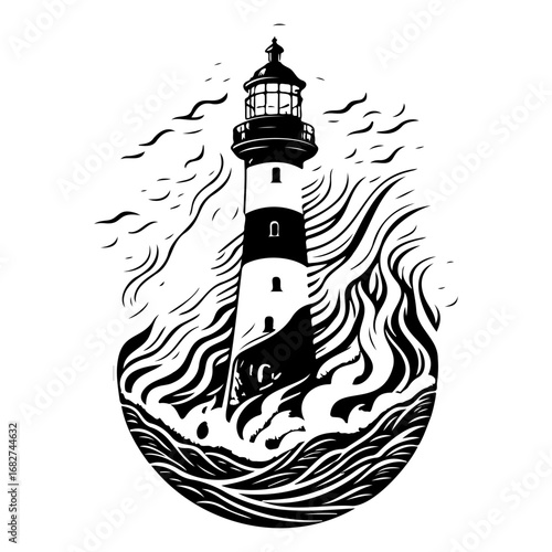 Monochrome sentinel a beacon against chaos the lighthouse stands vigilant amid tempestuous waves