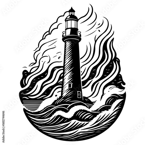 Monochrome sea guardian: a stylized lighthouse amidst crashing waves and swirling clouds