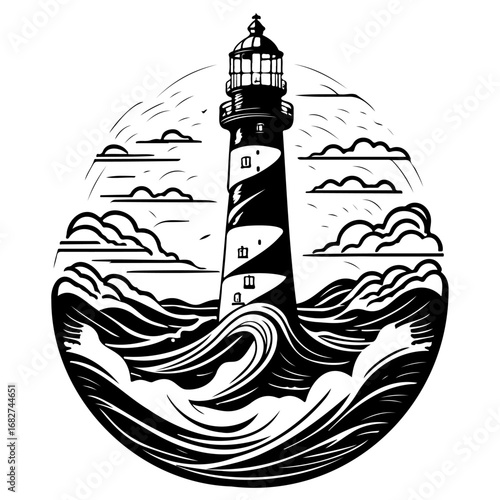 Monochrome sentinel guiding sailors through stormy seas black and white lighthouse illustration