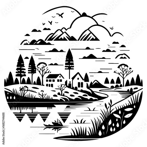 Monochrome serene landscape drawing depicting nature's tranquility mountains trees river and