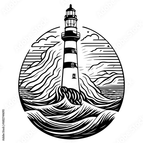 Monochrome sentinel guiding vessels navigating turbulent seas under a clouded sky artful coast