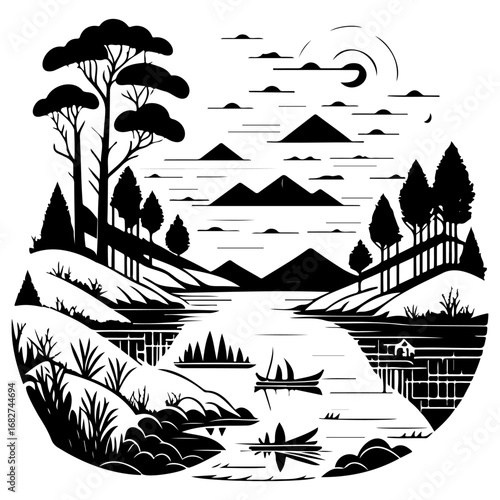 Monochrome serene landscape illustration with water reflections showcasing nature's allure and
