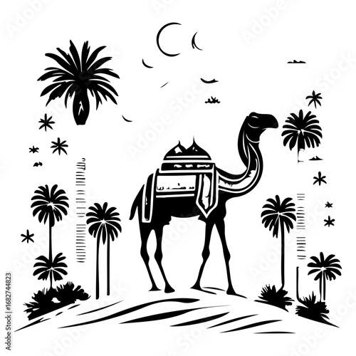 Monochrome silhouette of camel amidst stylized desert oasis with palm trees under lunar sky
